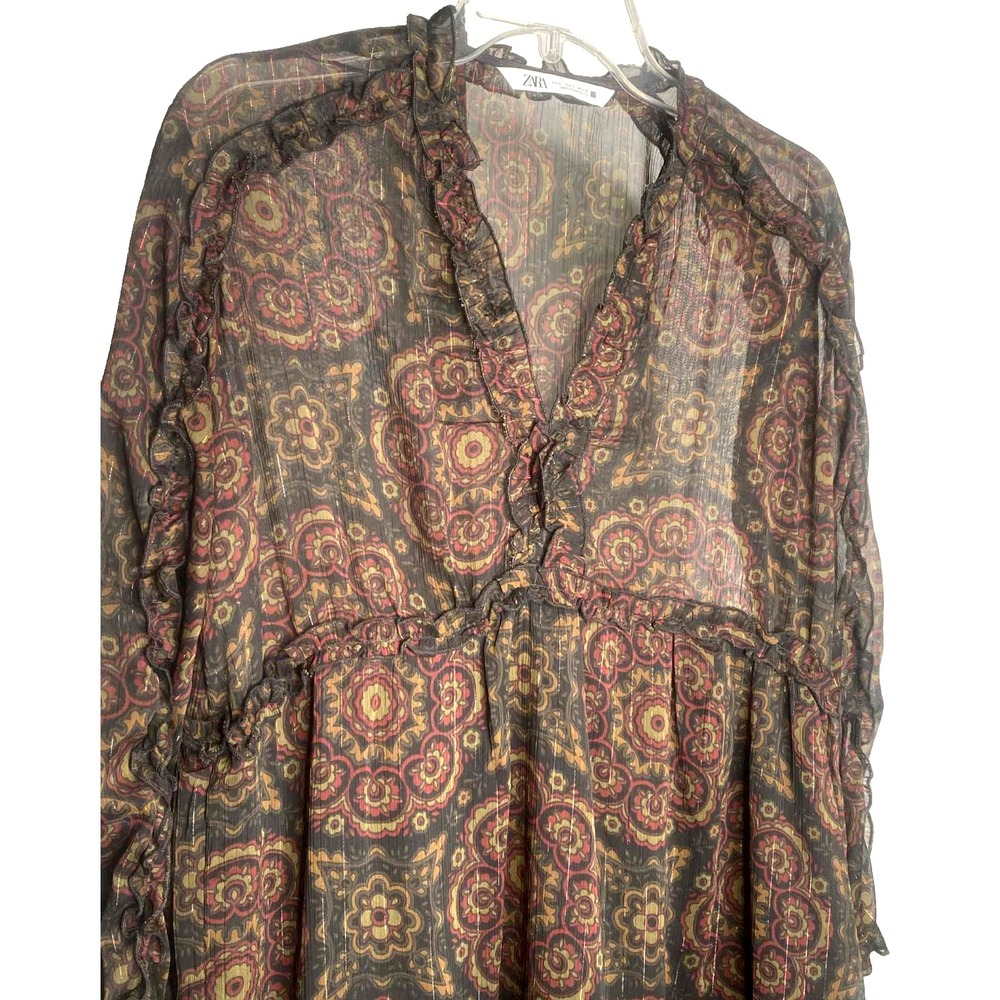 Zara women's Sheer Chiffon‎ Floral Long Sleeve Dress Size Small blouson bohemian - Picture 2 of 9
